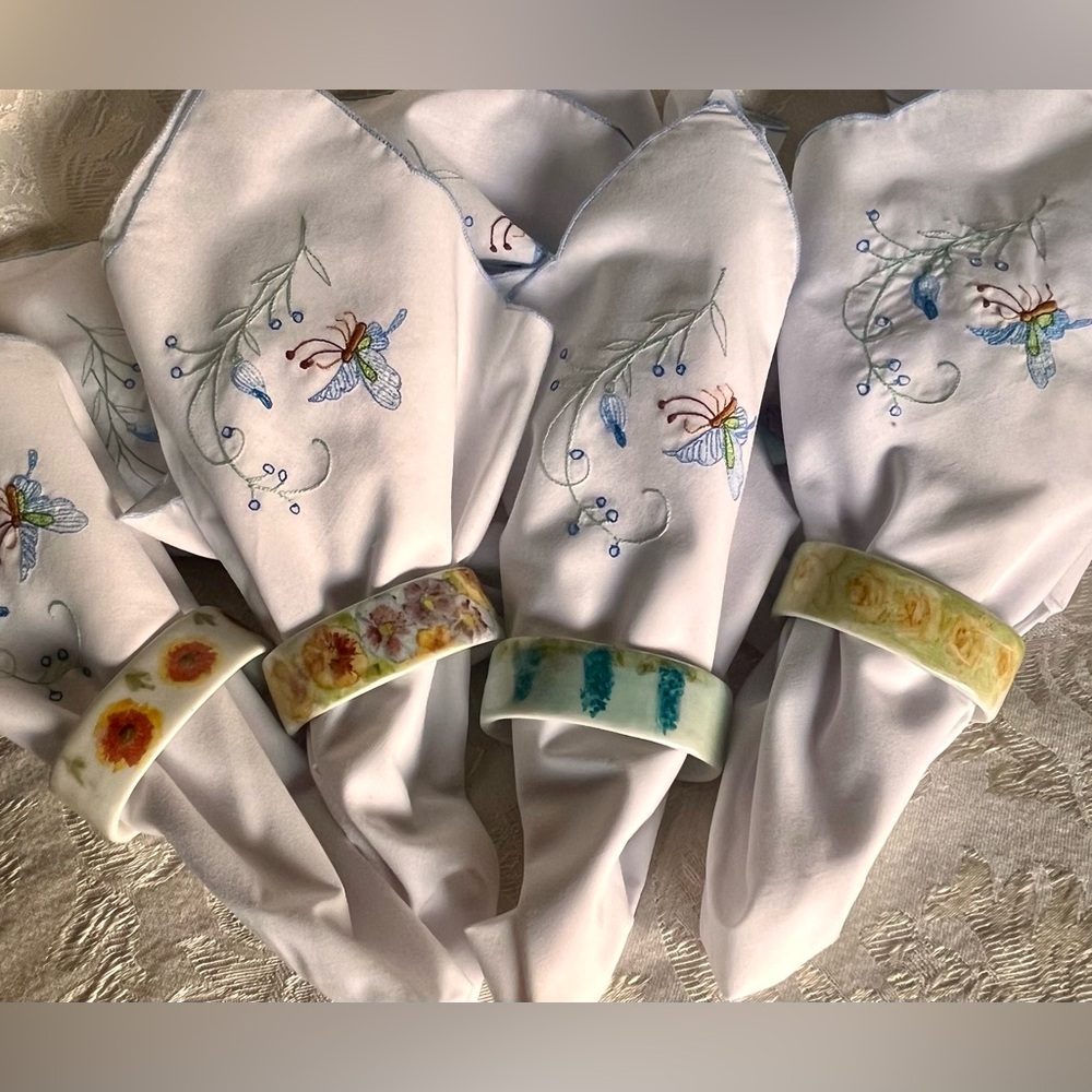 Vintage Madeira Style Hand Embroidered Butterfly Napkins - Set of 8 Crisp MCM